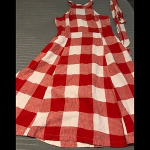 Crown & Ivy Linen dress with pockets/belt/buttons in back red & white size 14
